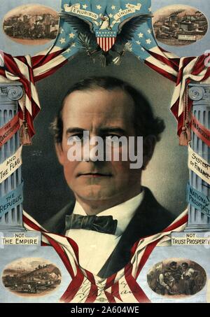 William Jennings Bryan (März 19, 1860 - Juli 26, 1925) war eine führende amerikanische Politiker aus den 1890er Jahren bis zu seinem Tod. Er war eine dominierende Kraft in der populistischen Flügels der Demokratischen Partei; das stehen drei Mal als Kandidat der Partei für das Amt des Präsidenten der Vereinigten Staaten (1896; 1900 und 1908) politische Poster 1896 Stockfoto