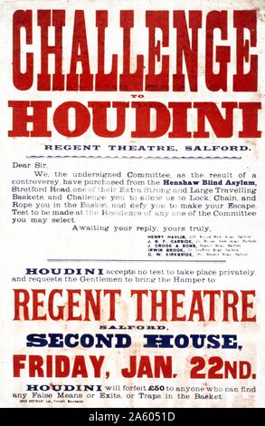 Herausforderung für Houdini; Regent Theater; Salford 1904. Poster zur Show von der illusionist und Entfesselungskünstler Harry Houdini; 1874-1926. Stockfoto