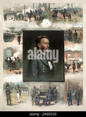 Bewilligung von West Point zu Appomattox; 1885. Ulysses Grant; Brustbild; nach links; durch neun Szenen seiner Karriere von West Point Promotion 1843 zu Lees Kapitulation 1865; inklusive Artillerie Crew in den Turm von Chapultepec; Mexiko; 1847; bohren Freiwilligen; 1861; Fort Donelson; 1862; Silo; 1862; der Belagerung von Vicksburg; 1863; Chattanooga; 1863; Ernennung von Lincoln als Commander-in-chief, 1864 umgeben. Stockfoto