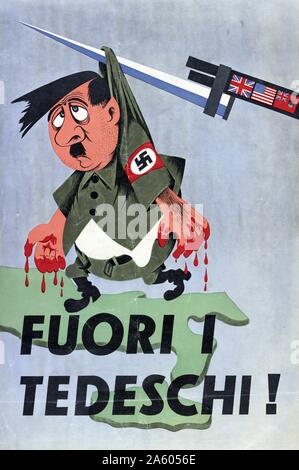 Italienische Weltkrieg II Poster, Es zeigt Adolf Hitler mit Blut an den Händen von einem Bajonett hängen. Übersetzt aus dem Italienischen "die Deutschen". Stockfoto