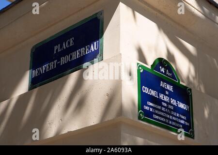 Frankreich, Paris, Denfert Rochereau, neue Musée de la Libération, Avenue Du Colonel Henri Rol Tanguy, Plaques de Rue Stockfoto