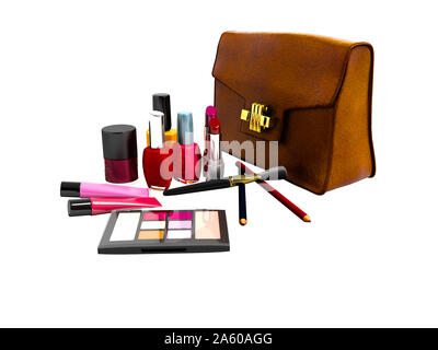 Kosmetik Konzept für Frau mit Leder Tasche 3D-Render auf weißem Hintergrund kein Schatten Stockfoto