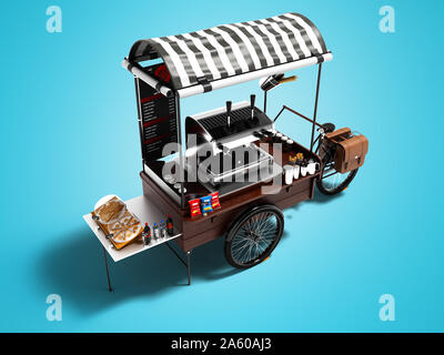 Moderne Fahrräder Kinderwagen Coffee Shop mit Süßigkeiten 3D-Render auf blauem Hintergrund mit Schatten Stockfoto