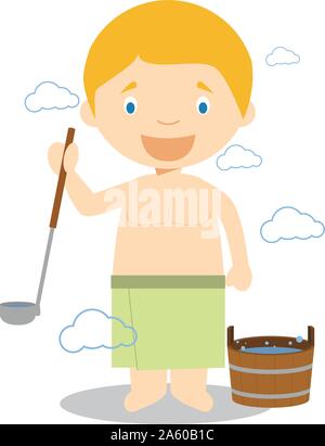 Charakter aus Finnland in einer traditionellen Sauna. Vector Illustration. Kinder der Welt Sammlung. Stock Vektor