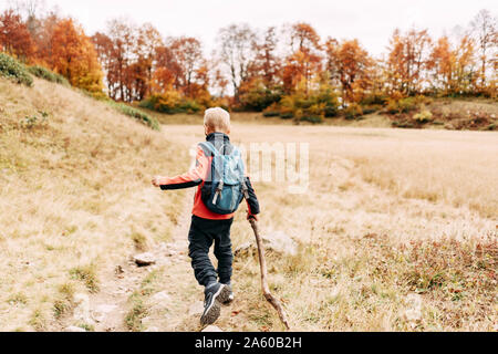 Ein Junge mit einem Rucksack und einem Stock hat Spaß auf einem Wanderweg am Wochenende. Stockfoto