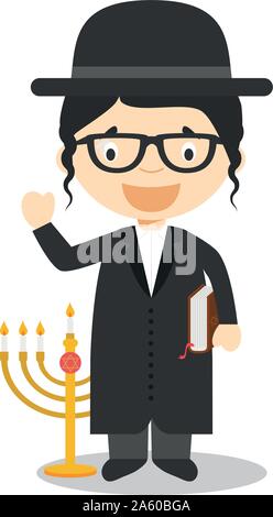 Jüdische Rabbiner Zeichentrickfigur aus Israel gekleidet in der traditionellen Weise. Vector Illustration. Kinder der Welt Sammlung. Stock Vektor