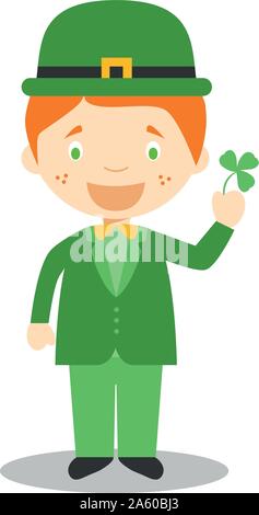 Charakter aus Irland gekleidet in der traditionellen Weise mit einem Kleeblatt. Vector Illustration. Kinder der Welt Sammlung. Stock Vektor