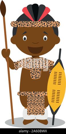 Charakter aus Südafrika. Zulu junge gekleidet in der traditionellen Weise der Zulu Stamm. Vector Illustration. Kinder der Welt Sammlung. Stock Vektor