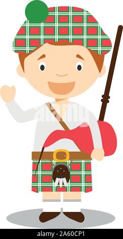 Charakter aus Schottland gekleidet in der traditionellen Weise mit Kilt und Dudelsack. Vector Illustration. Kinder der Welt Sammlung. Stock Vektor