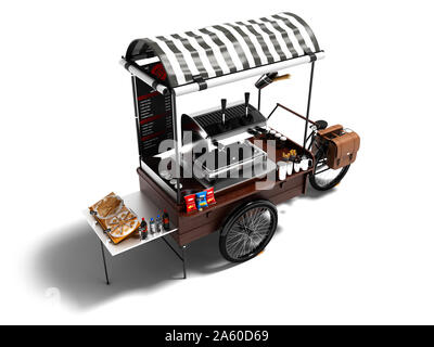 Moderne Fahrräder Kinderwagen Coffee Shop mit Süßigkeiten 3D-Render auf weißem Hintergrund mit Schatten Stockfoto