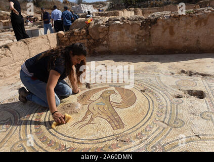 Ramat Beit Shemesh, Israel. 23 Okt, 2019. Ein Arbeitnehmer, der Israel Antiquities Authority reinigt ein Mosaik eines großen Adler in einem 1500 Jahre alten byzantinischen Kirche in Ramat Beit Shemesh, am Mittwoch, 23. Oktober 2019. Die drei Jahre Ausgrabungen entdeckt die Kirche, griechische Inschriften, Mosaiken, eine Taufe und eine Krypta eines unbekannten glorreichen Märtyrer. Foto von Debbie Hill/UPI Quelle: UPI/Alamy leben Nachrichten Stockfoto