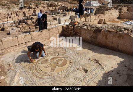 Ramat Beit Shemesh, Israel. 23 Okt, 2019. Ein Arbeitnehmer, der Israel Antiquities Authority reinigt ein Mosaik eines großen Adler in einem 1500 Jahre alten byzantinischen Kirche in Ramat Beit Shemesh, am Mittwoch, 23. Oktober 2019. Die drei Jahre Ausgrabungen entdeckt die Kirche, griechische Inschriften, Mosaiken, eine Taufe und eine Krypta eines unbekannten glorreichen Märtyrer. Foto von Debbie Hill/UPI Quelle: UPI/Alamy leben Nachrichten Stockfoto