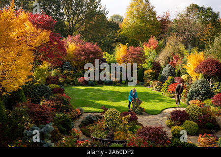 Rentnerehepaar Tony und Marie Newton neigen dazu, ihre Vier Jahreszeiten Garten als es in herbstlichen Farben platzt an ihrem Haus in Walsall, West Midlands. PA-Foto. Bild Datum: Mittwoch, 23. Oktober 2019. Photo Credit: Jacob König/PA-Kabel Stockfoto