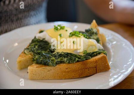 Traditionelle Eier Benedikt Florentiner mit pochierten Eiern. Rahmspinat, grüne Zwiebeln, Sauce Hollandaise und Muskatnuss, über einen brioch Brot Stockfoto