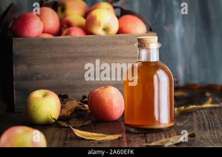 Apfelessig mit der Mutter, Hefe und gesunde Bakterien, die von frischen Äpfeln umgeben. Apfelessig ist seit langem in der Naturheilkunde zu benutzt worden Stockfoto