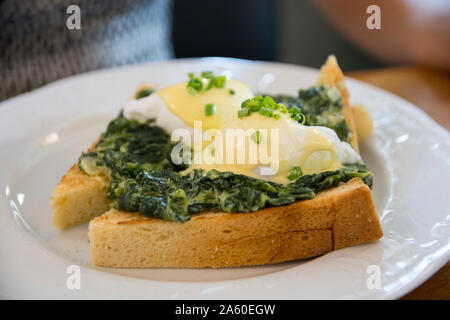 Traditionelle Eier Benedikt Florentiner mit pochierten Eiern. Rahmspinat, grüne Zwiebeln, Sauce Hollandaise und Muskatnuss, über einen brioch Brot Stockfoto