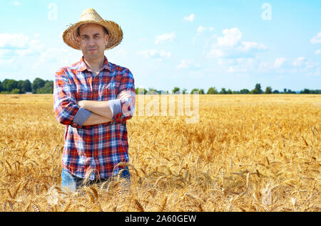 Gerne suchen Bauer im Stroh Hut steht bei der Ernte bereit Weizenfeld Stockfoto