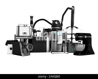 Haushaltsgeräte Gruppe von Staubsauger Mikrowelle Kaffeemaschine Wasserkocher Toaster Fleischwolf Dampf Entsafter Mixer toaster Dampfgarer Verkauf 3D-Render o Stockfoto