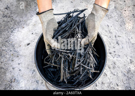 Hände halten selbstgemachte Holzkohle im Freien Stockfoto