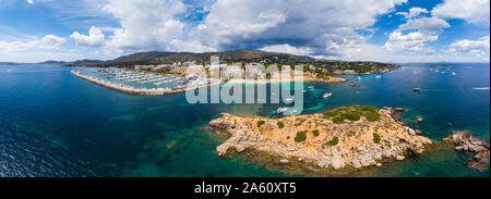 Spanien, Balearen, Mallorca, Luftaufnahme von Portals Nous, Hafen Puerto Portals, Strand Platja de S'Oratori und Illa d'en Vertrieb Stockfoto