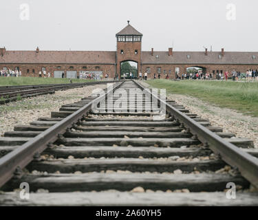 Gleise, die zu den KZ Birkenau, Weltkulturerbe der UNESCO, Auschwitz, Polen, Europa Stockfoto