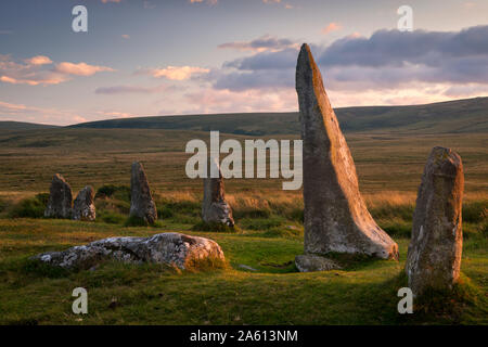 Scorhill megalithischen Steinkreis in Nationalpark Dartmoor, Devon, England, Vereinigtes Königreich, Europa Stockfoto