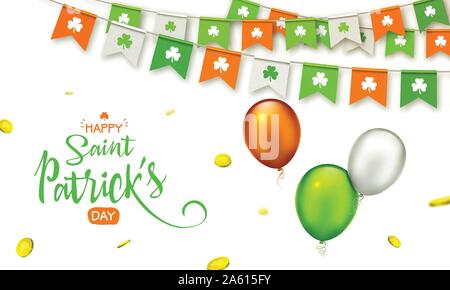 Irische Ferienwohnung happy St. Patrick's Day Hintergrund mit Girlande Fahnen, Münzen und Luftballons. Bunte festliche Bunting mit Kleeblatt. Vector Illustration Stock Vektor
