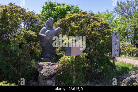 Buddha Statue Nummer 6 mit Erläuterungen Zeichen des Buddha Pfad auf den Gipfel des Mount Tsurumi. Beppu, Oita Präfektur, Japan. Stockfoto