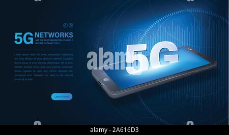 Isometrische Smartphone und 5G Symbol "Netzwerk". 5G Wireless Internet Wifi Verbindung. 5. innovative Generation der globalen High speed Internet netw Stock Vektor