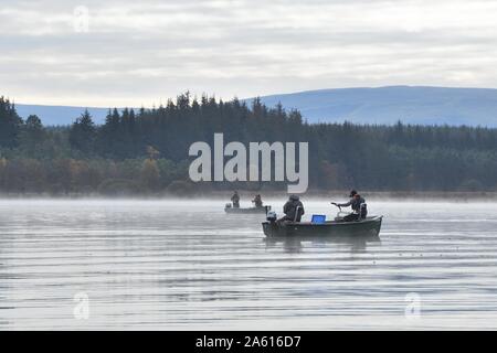 Ein Angler auf einem Boot landet einen Fisch an einem kalten, nebeligen Herbstmorgen auf dem Lake of Menteith Fishery in Schottland, Großbritannien, Europa Stockfoto