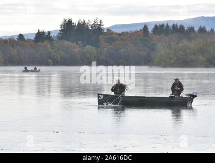 Ein Angler auf einem Boot landet einen Fisch in einer kalten, nebligen Herbstmorgen auf dem See von menteith Fischerei in Schottland, Großbritannien, Europa Stockfoto