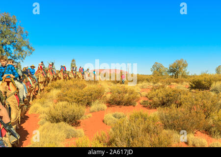 Uluru, Northern Territory, Australien - 22.August 2019: Uluru in der Ferne während beliebte gesehen geführte Uluru Camel Tours im australischen Outback. Beliebte Stockfoto