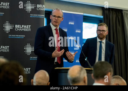 Stellvertretende Premierministerin Simon Coveney (links) mit Belfast Kammer Geschäftsführer Simon Hamilton im Crown Plaza Hotel während der jährlichen Belfast Handelskammer Mittagessen. Stockfoto