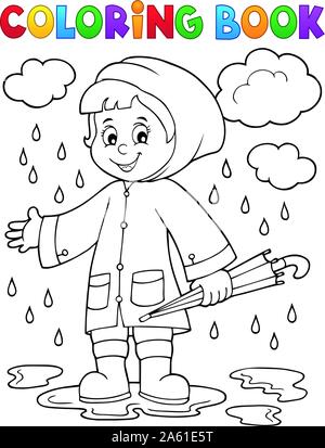 Malbuch Mädchen im regnerischen Wetter 1-eps 10 Vector Illustration. Stock Vektor