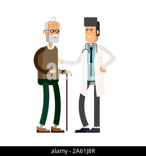 Junge männliche Arzt helfen, ein älterer Mann mit einem Stock. Vector Illustration eines flachen Design Stock Vektor