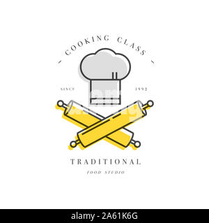 Kochkurs lineare Design Element, Küche Emblem, Symbol, Symbol oder Essen studio Label. Kochkurse anmelden Vorlage oder Logo, Identität, kulinarische scho Stockfoto