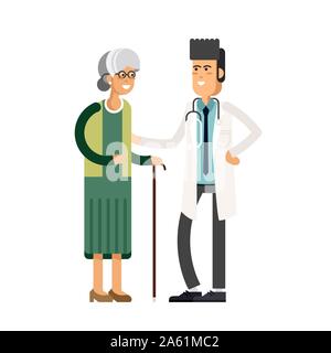 Junge männliche Arzt helfen, eine ältere Frau mit einem Stock. Vector Illustration eines flachen Design Stock Vektor
