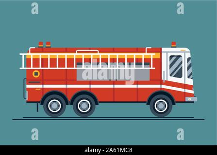 Cool vektor Einsatzfahrzeug Fire Engine truck in trendigen flache Bauform. Feuerwehrmann Massnahmen Verkehr Feuer gerät oder Geräten Stock Vektor