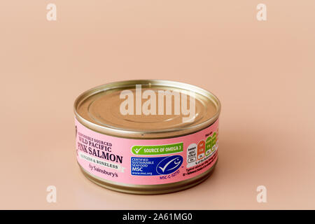 Zinn der verantwortungsvoll Zutaten Wild Pacific rosa Lachs von Sainsbury's. Quelle von Omega-3. MSC-Label Stockfoto