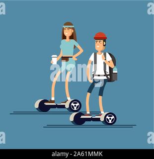 Junger Mann und eine Frau reiten auf zwei Rädern mini segway in Park und Pappbecher mit Kaffee. Vector Illustration im flachen Stil des modernen, urbanen Unterha Stock Vektor