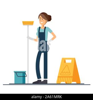 Arbeiterin der Reinigung ist mit einem Mopp und in der Uniform auf isolierte Hintergrund gekleidet. Vector Illustration in einem flachen Stil. Stock Vektor