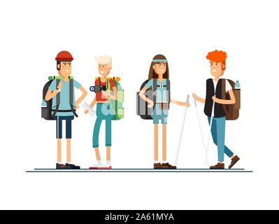 Satz von weiblichen und männlichen Charakter, wandern Touristen zu Fuß. Ein junger Menschen im Sport aktiv engagiert. Vector Illustration eines flachen Design Stock Vektor