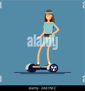 Junge Frau reiten auf zwei Rädern mini segway. Vector Illustration im flachen Stil moderner Urban Entertainment Gerät. Stock Vektor