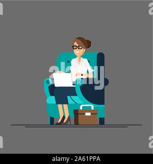 Junge erwachsene Frau zu Hause vektor Konzeption Illustration arbeiten. Freelancer weiblichen Charakter, die von zu Hause aus arbeiten mit Laptop sitzen in einem gemütlichen Sessel mit Stock Vektor