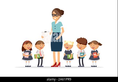 Lehrer und Schüler der Grundschule zusammen in einem Klassenzimmer. Jungen und Mädchen in Schuluniformen gekleidet sind, Lehrbücher. Vector Illustration i Stock Vektor