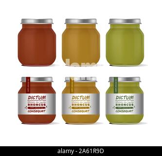 Vector Illustration Glas Glas für Babynahrung realistische Bank auf weißem Hintergrund. Organic Baby food pürieren. Mock up mit Template Design Label. Stock Vektor