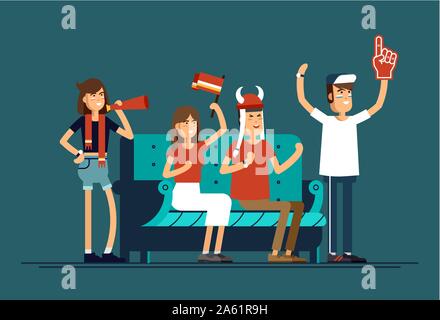 Vektor flachbild Abbildung Menschen Charakter sport Fans Fernsehen auf ein gemütliches Sofa. Frau und Mann mit Fahnen bilden und Zubehör Lüfter Stock Vektor