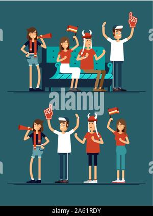 Vektor flachbild Abbildung Menschen Charakter sport Fans Fernsehen auf ein gemütliches Sofa. Frau und Mann mit Fahnen bilden und Zubehör Lüfter Stock Vektor