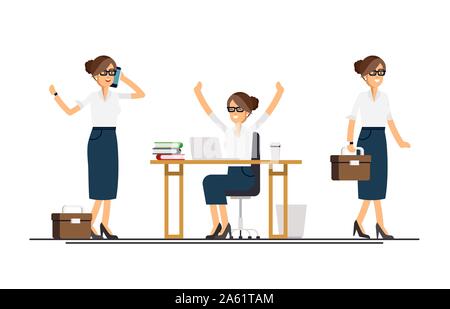 Vektor moderne flache Bauform Abbildung auf weibliche Business woman in verschiedenen Posen. Business woman walking Surfen sein mobiles Gerät, Arbeiten an deskto Stock Vektor