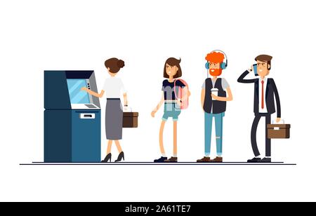 Warteschlange bei der ATM. Die Leute stehen Schlange für ein isoliertes Hintergrund. Vector Illustration in einem flachen Stil Stock Vektor